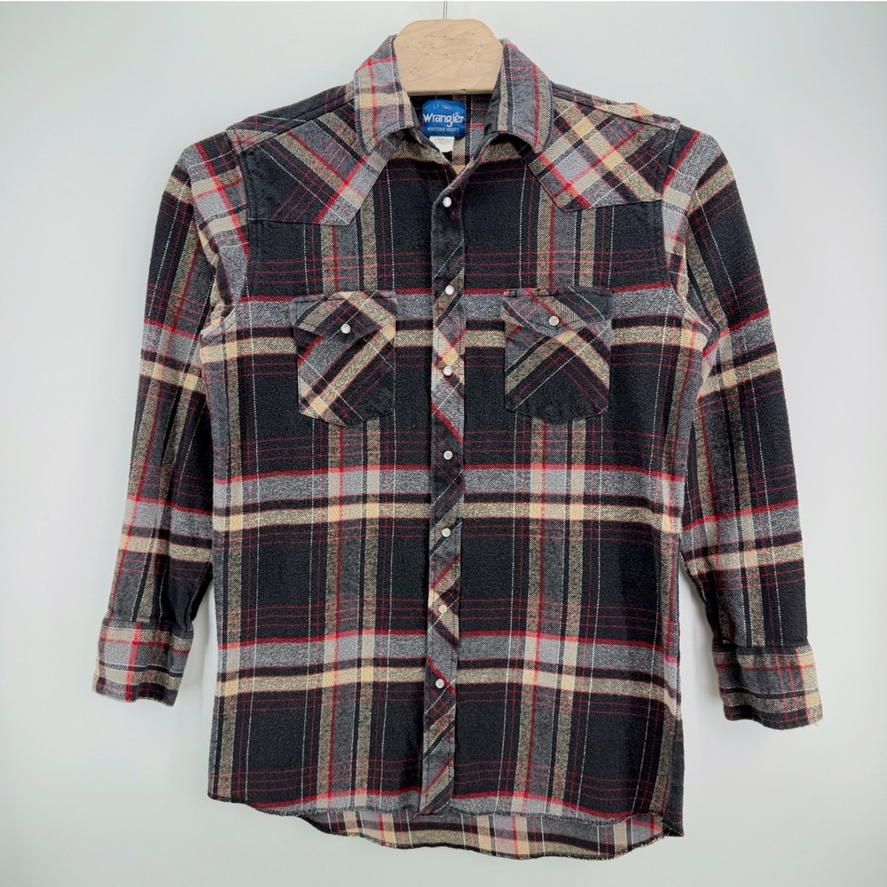 Vintage Wrangler Western Plaid Flannel Shirt LT Tall Pearl Snap Black Red Cowboy